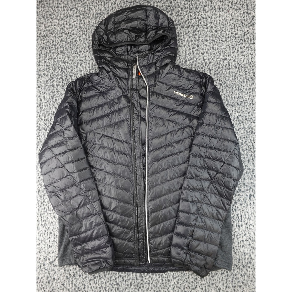 Merrell Puffer Jacket Mens XL Black Hooded Goose Down Insulated Broken Zipper
